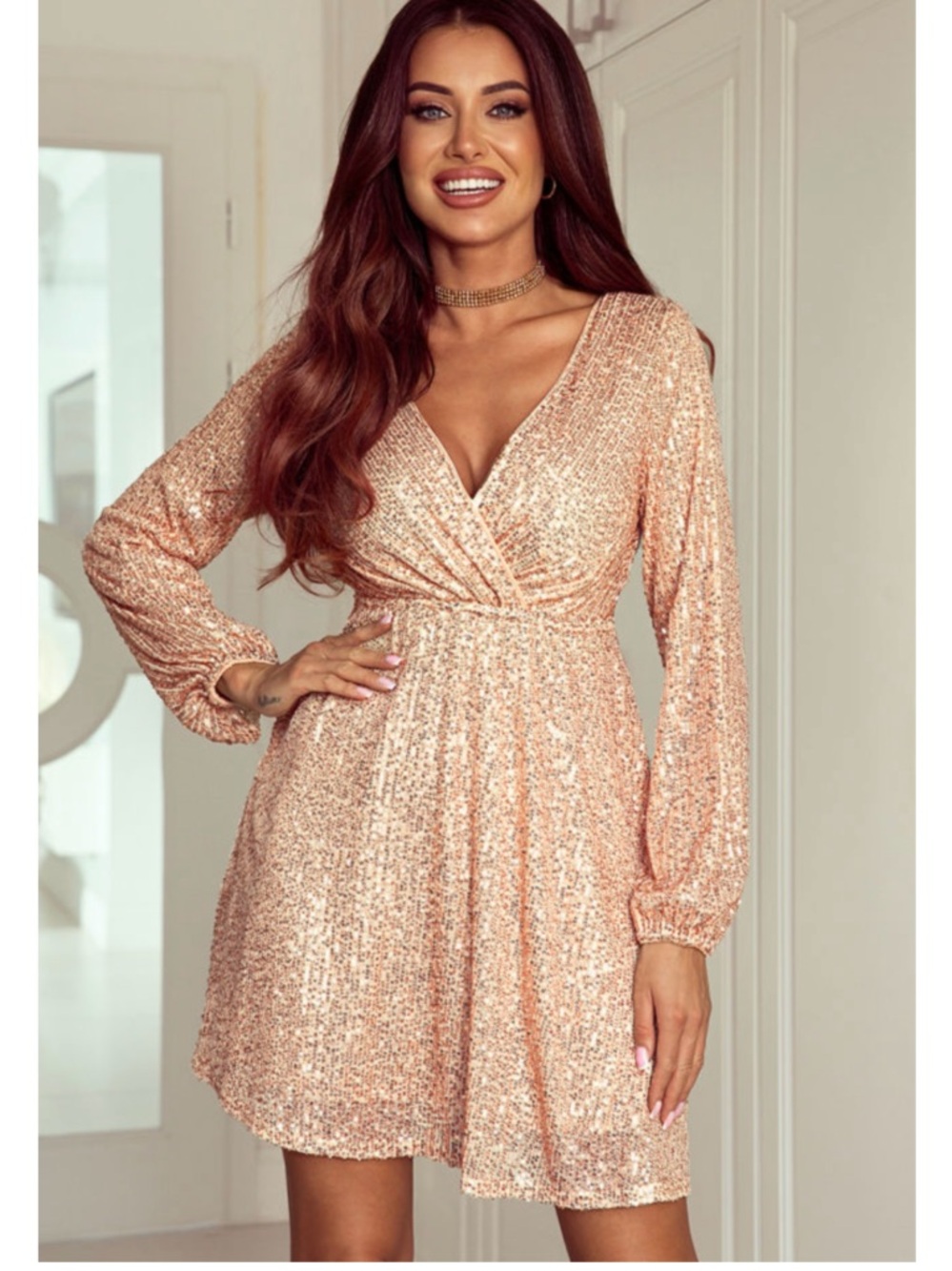 New Totys Mini Dress Women's Rose Gold Sequin Wrap Size M